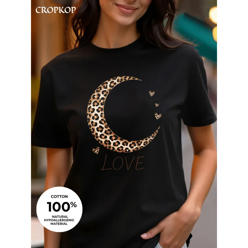 Women's Crew Neck Short Sleeve T-Shirt, Leopard Print Star Heart Moon Bow Graphic Tee, Casual Summer Loose Fit Tops
