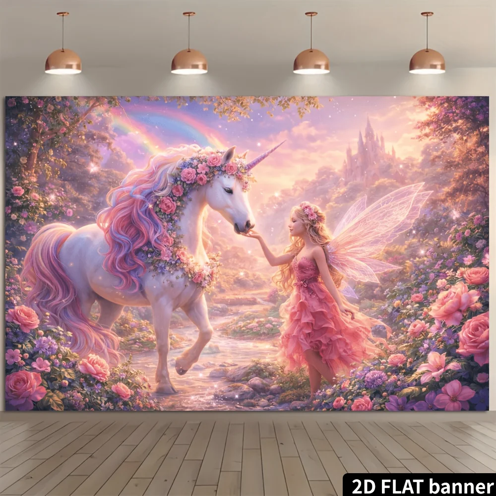 Unicorn Fairy Tapestry - Fantasy Rose Garden Wall Art, Magical Creature Decor, Girls Bedroom Hanging, Polyester, Multiple Sizes