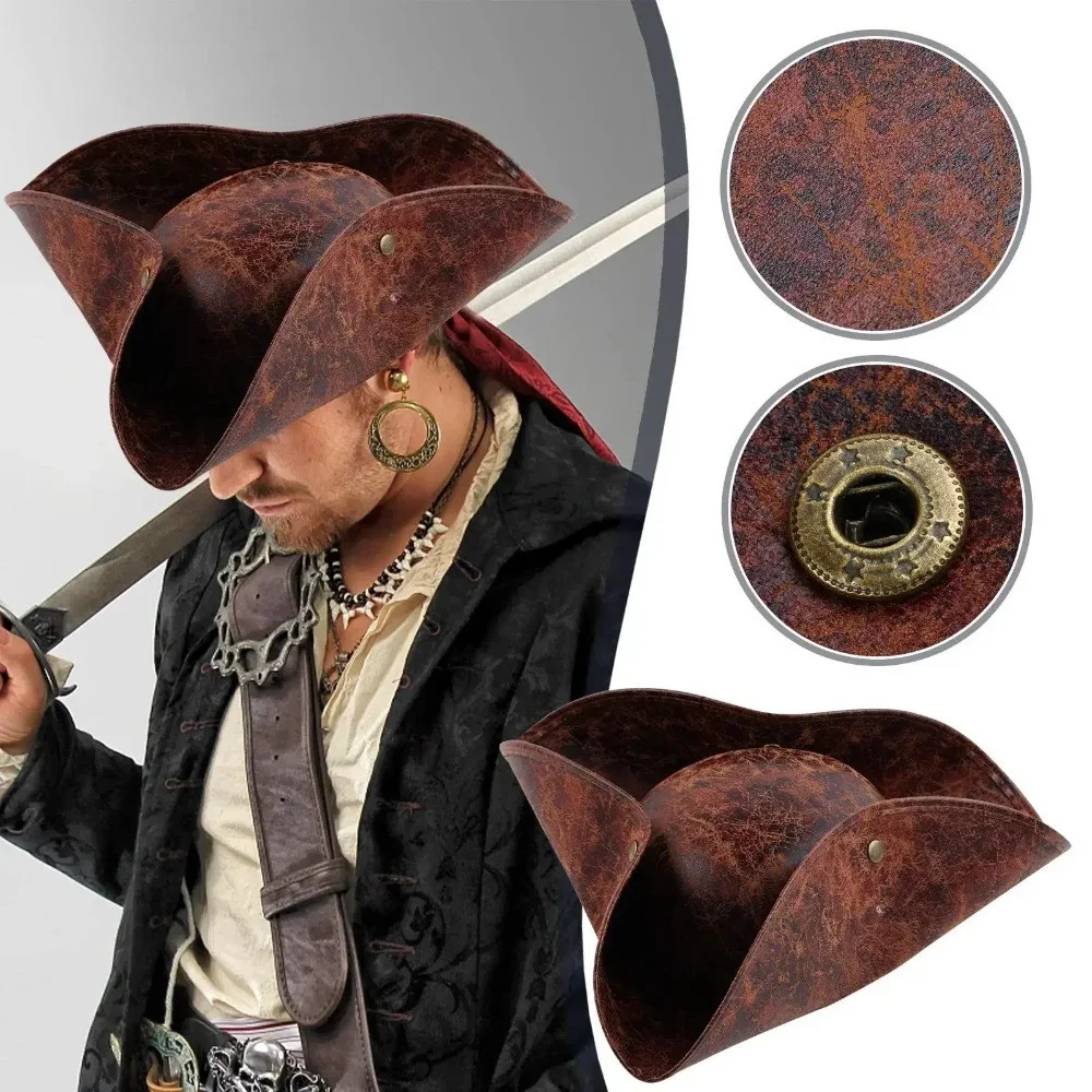 Leather Pirate Hat Brown Hat Distressed Tricorn Pirate Hat Highwayman Men Women Fancy Halloween Masquerade Costume Cosplay