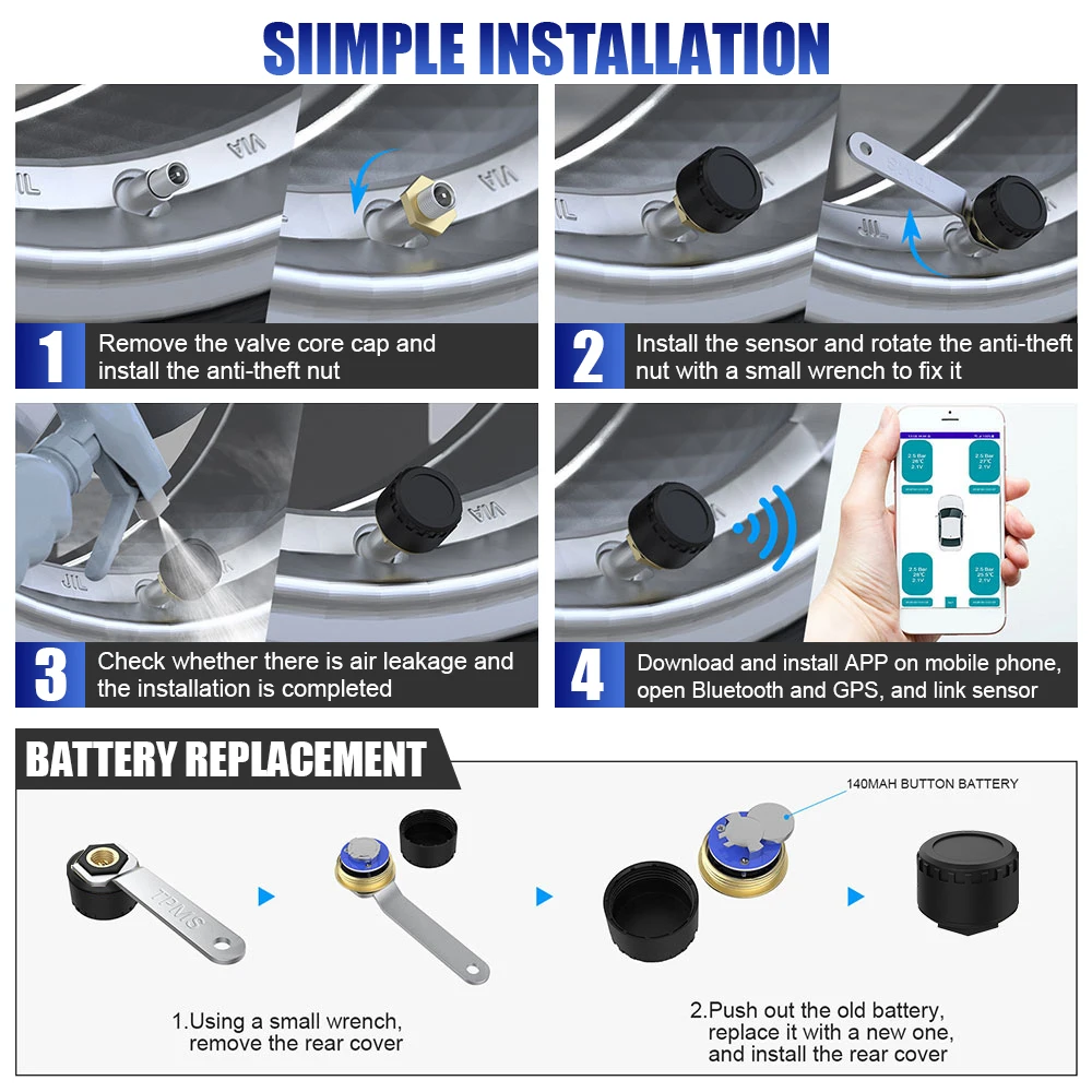 Sensores de presión de neumáticos de coche, sistema de monitoreo de presión de neumáticos externo, pantalla por aplicación de teléfono móvil TPMS, Android/IOS, Bluetooth 5,0