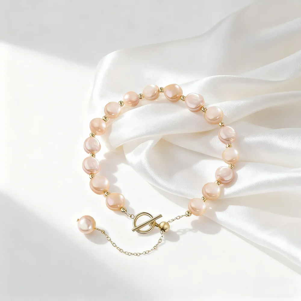 Hengsheng 6-7mm Pink Baroque Freshwater Pearl Bracelets with Pendant OT Slider Chain 18cm Adjustable Bracelets for Women