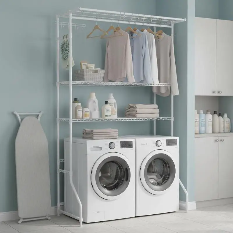 Étagère de rangement blanche à 3 niveaux en acier au carbone, réglable en hauteur, à placer au-dessus de la machine à laver et du sèche-linge, avec barre porte-vêtements et 4 crochets, robuste, grande capacité de charge, multifonctionnelle, pour un rangement de linge gain de place dans la buanderie, haut de gamme, 88 x 33 x 12 cm