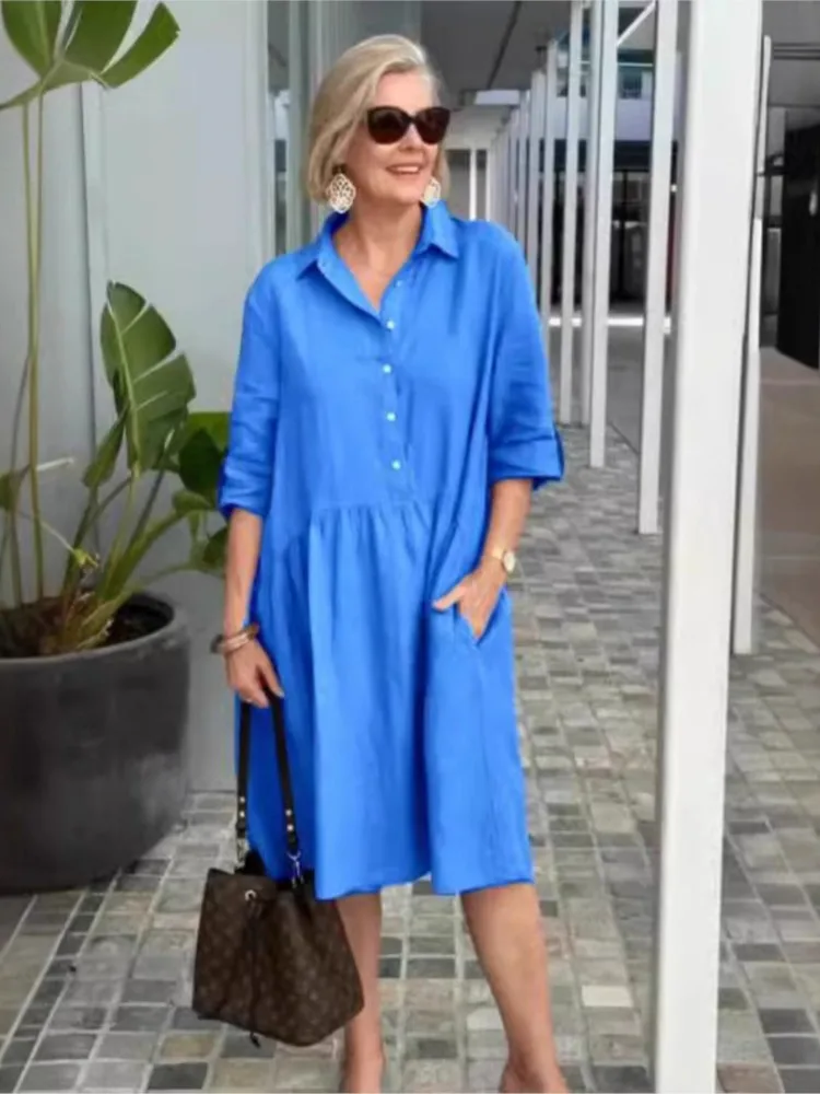 

Fashion Half-open The Lapel Dress For Woman Spring Summer Solid Color Three-quarter Sleeves Loose Dresses Ladies Casual Vestidos