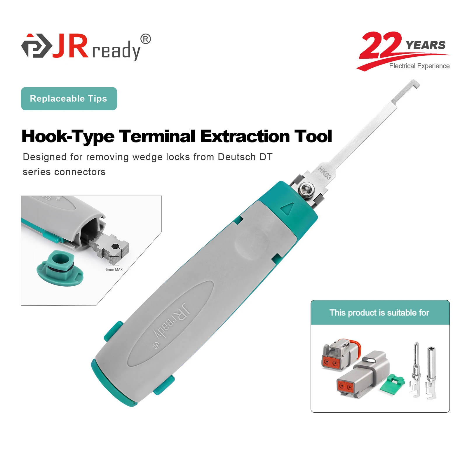 JRready JRconDRK-HK03 Haken-Typ-Klemmen-Extraktionswerkzeug, entwickelt für die Deutsch DT-Serie Wedge-Lock-Extraktion.