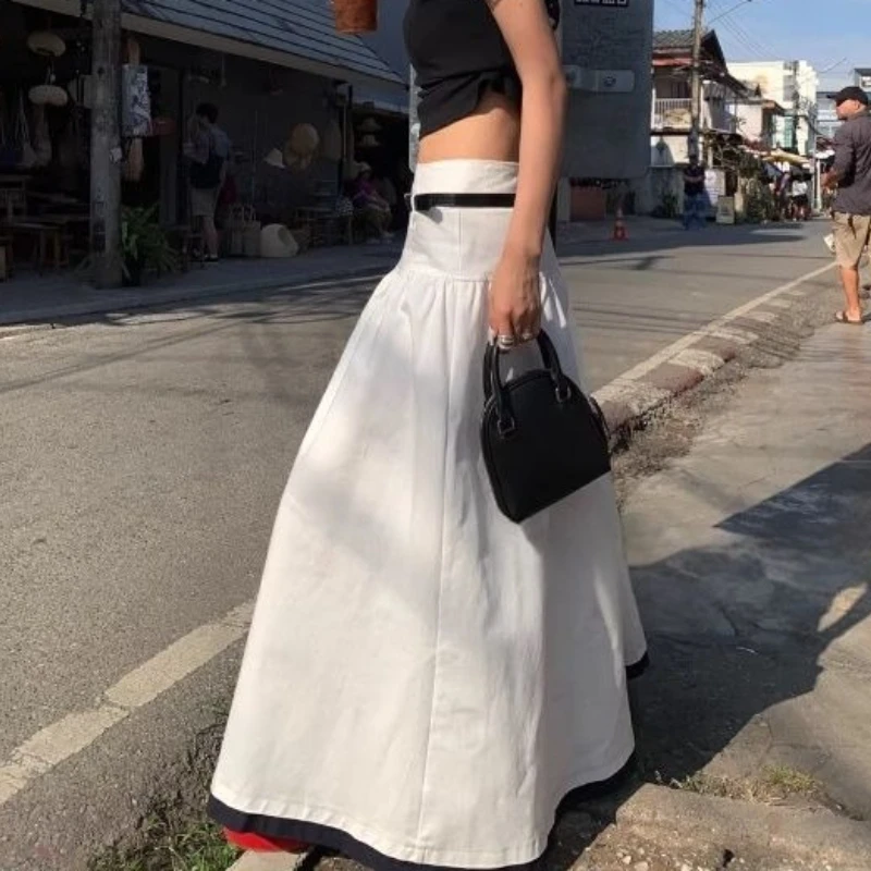 

Design Sense Splicing Contrasting Color A-line Skirt Elegant High Waist Slimming Long Skirt