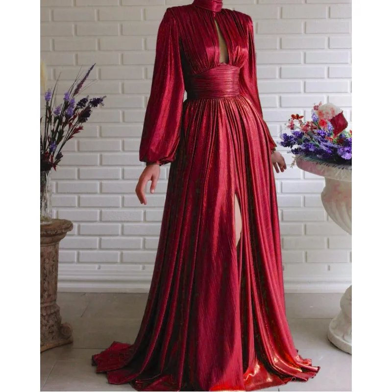 Sukienka maxi z wycięciami, wysokim rozcięciem, długim rękawem, seksowna sukienka wieczorowa, wiosenna odzież do pracy.