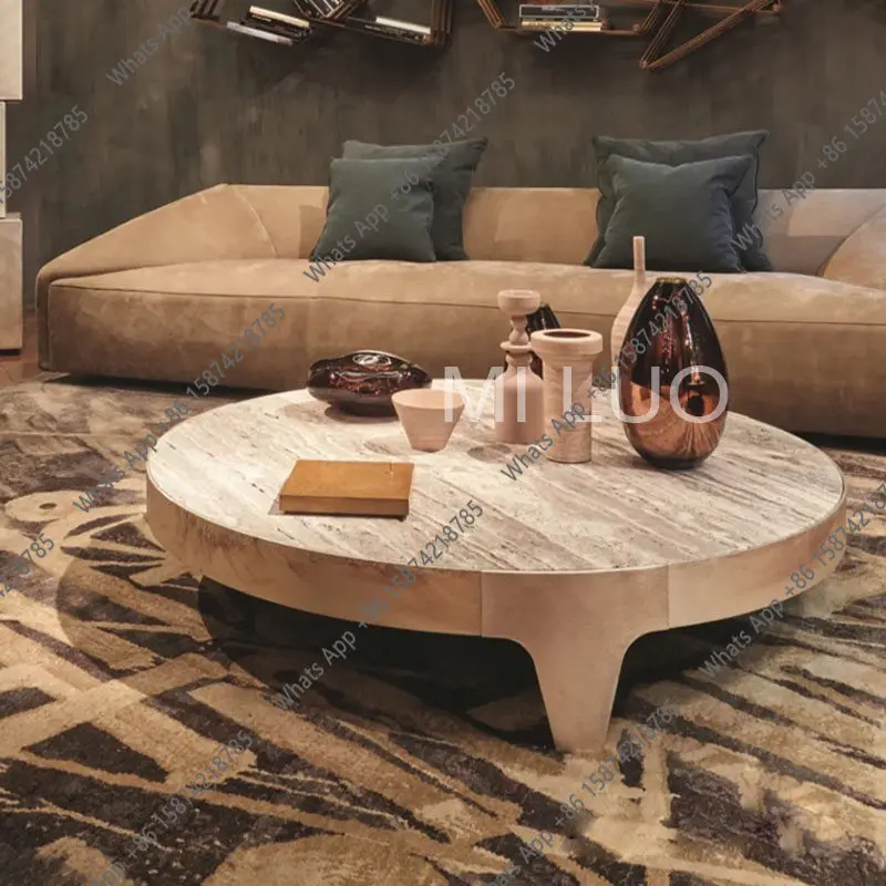

Modern simple marble travertine coffee table light luxury designer round living room low coffee table