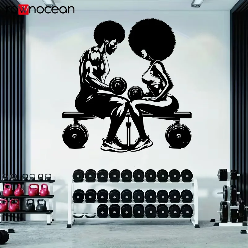 Afro Couple Gym Wall Sticker Fitness Bodybuilding Workout Room Decor Muscular Man Woman Dumbbell Art E633