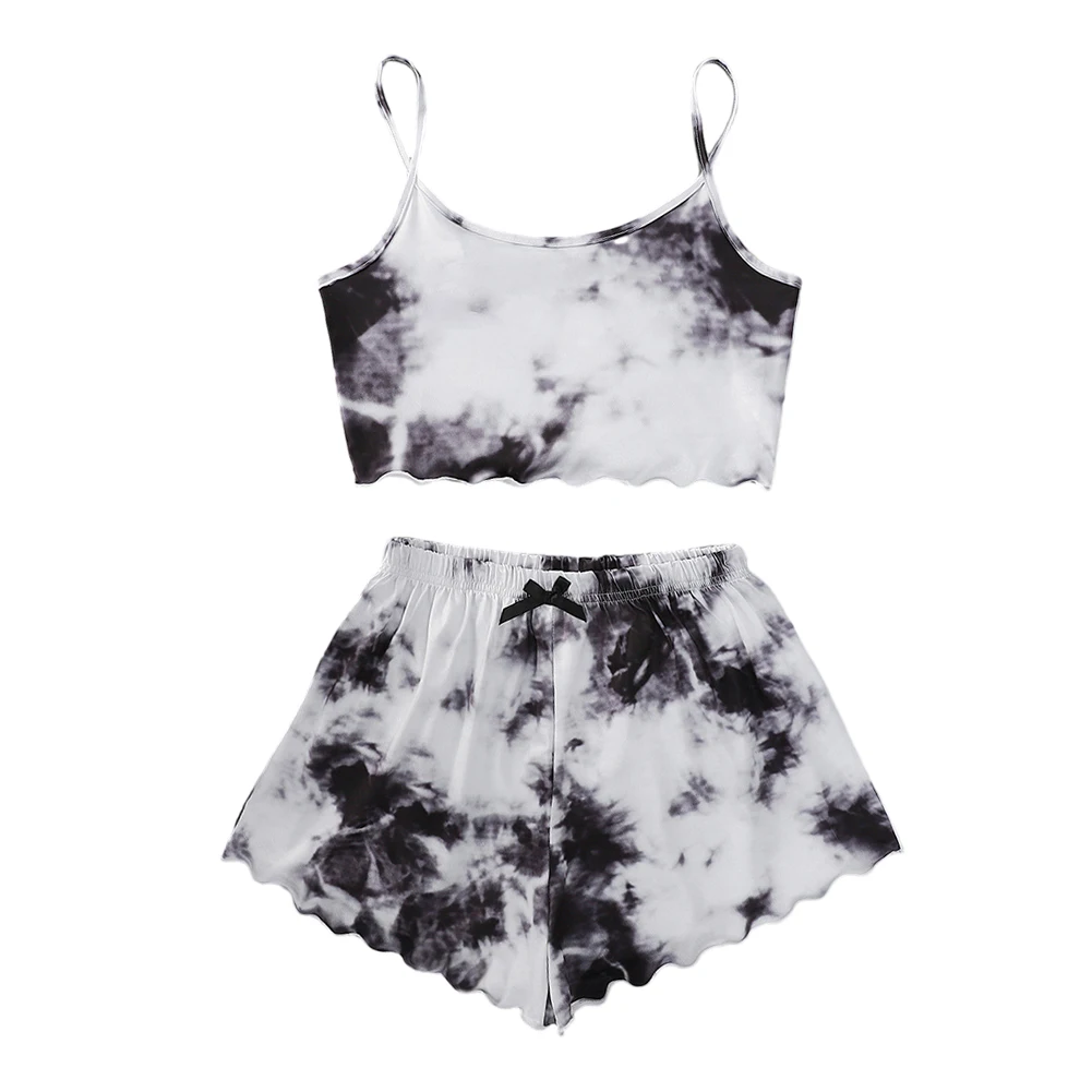 Women Summer Sleepwear Cute Tie-dye Print Nightwear Set Suspender Sleeveless Crop Tops Shorts Comfortable Pajamas 2pcs Outfit