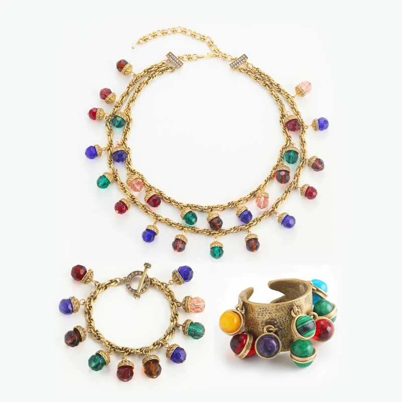 

Vintage Colorful Glaze Ball Jewelry Set Pendant Layered Necklace Bracelet Ring Gold Plated High Quality For Women Luxury Brand