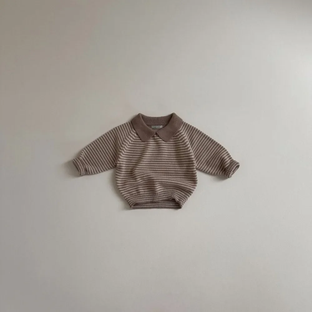 4155 Korean Baby Sweater Autumn 2024 New Lapel Stripe Baby Boy\'s Knitted Sweater 1-7Year Kid\'s Pullover Tops