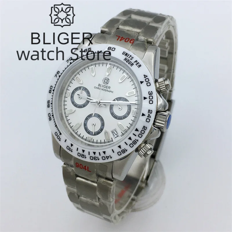 Bliger39mm Quartz Men Watch VK63 Movement Motion Multifunctional Time Meter Commercial Sapphire Glass Ceramic Bezel Steel Strap