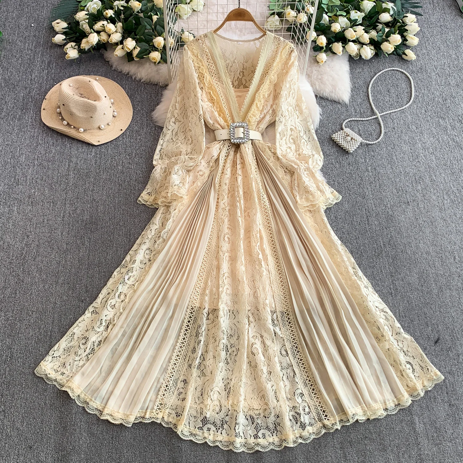 Abito vintage chic a maniche lunghe con scollo a V Elegante fata moda coreana Boho Sundress abbigliamento donna