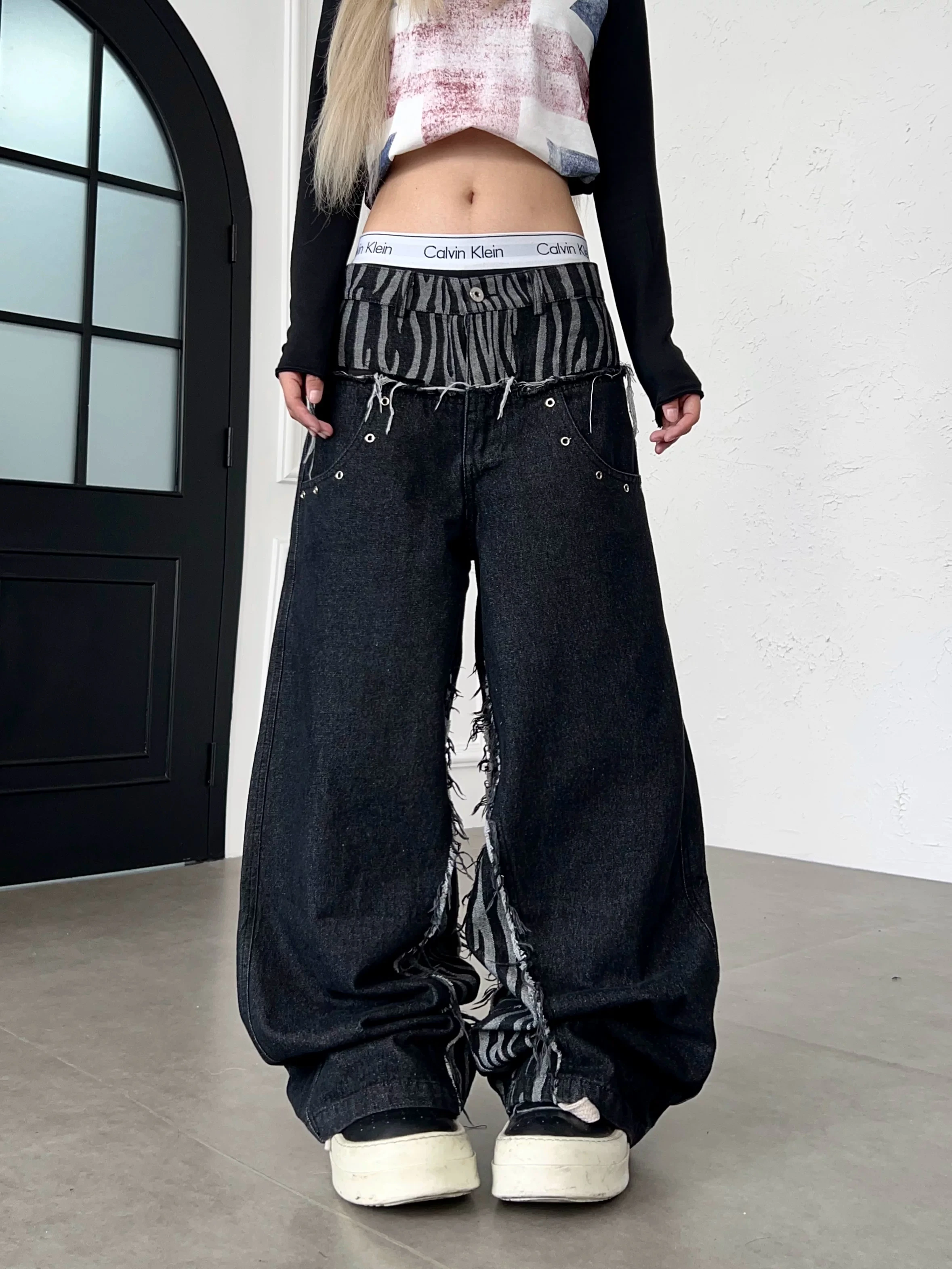 Retro American Splicing Zebra Pattern Decomposition Double Waist Hipster Subculture Jeans Men's Wide Leg Knife Long Trousers