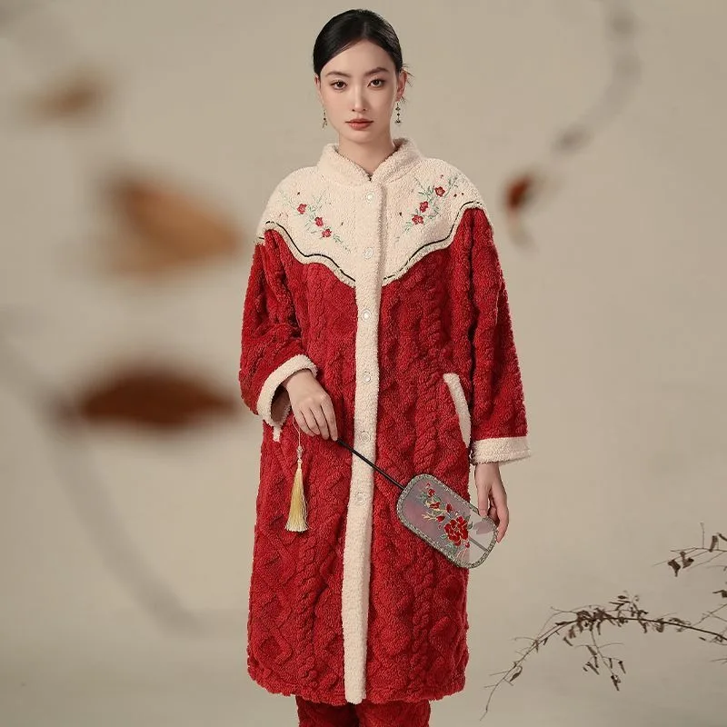 

Зимняя ночная рубашка из кораллового флиса в национальном стиле, женский утепленный флисовый длинный пижамный комплект, можно носить вне дома, винтажная одежда