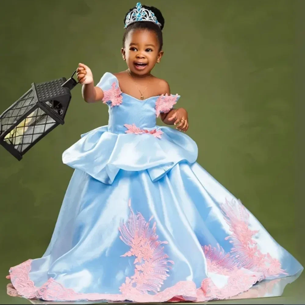 

Lovely Sky Blue Girl Birthday Dress Princess Ball Gown Flower Girls Dresses Off The Shoulder Kids Party Baby Pageant GownsG