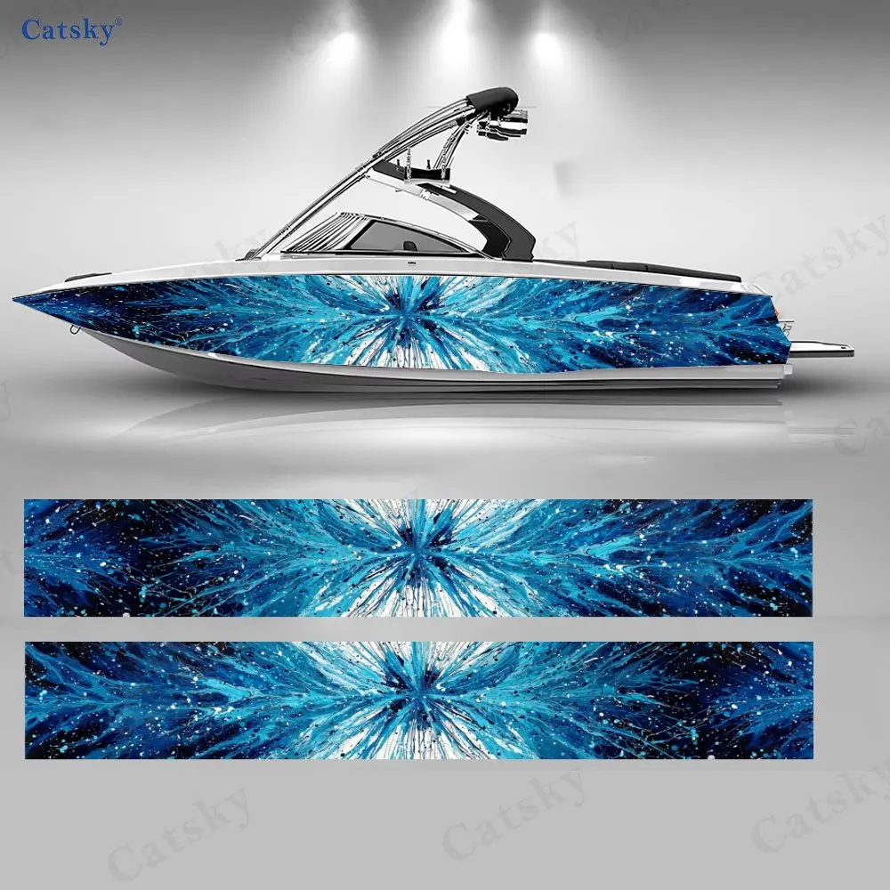 

2Pcs Ice Blue Splash Ink Radiant Boat Stickers, PVC Waterproof Vinyl Wrap Decals for Fishing Boats, Durable and Stylish Design