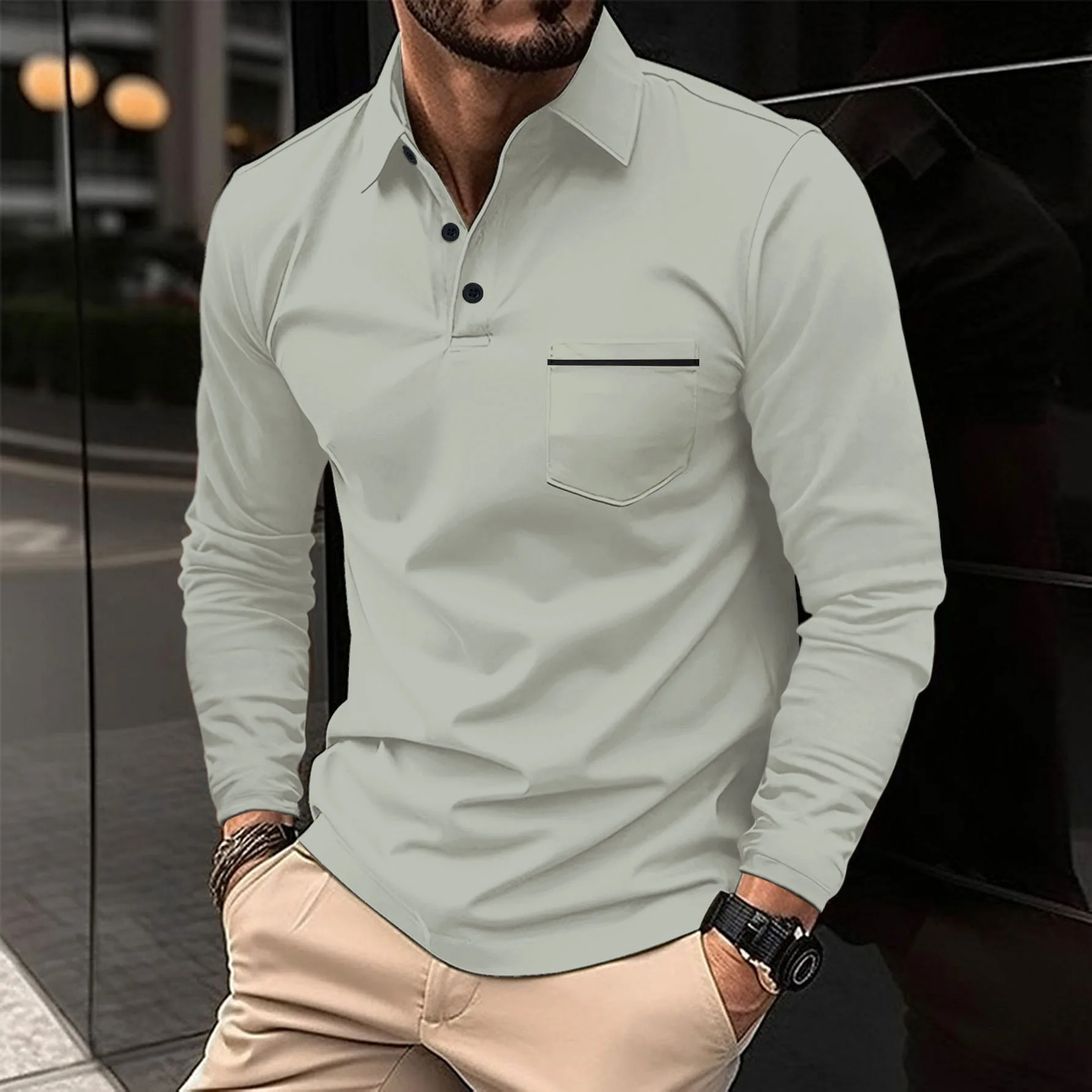 

Spring Autumn Men's Solid Color Long Sleeve Simple Casual Fashion Patchwork Chest Pocket Comfort High Quality Men's Wear