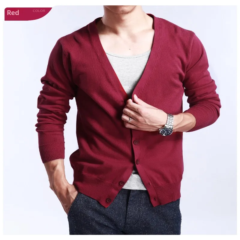 

Мужской вязаный шерстяной кардиган с V-образным вырезом, повседневный, приталенный, с длинным рукавом, однотонный, для весны и осени, для мужчин среднего возраста