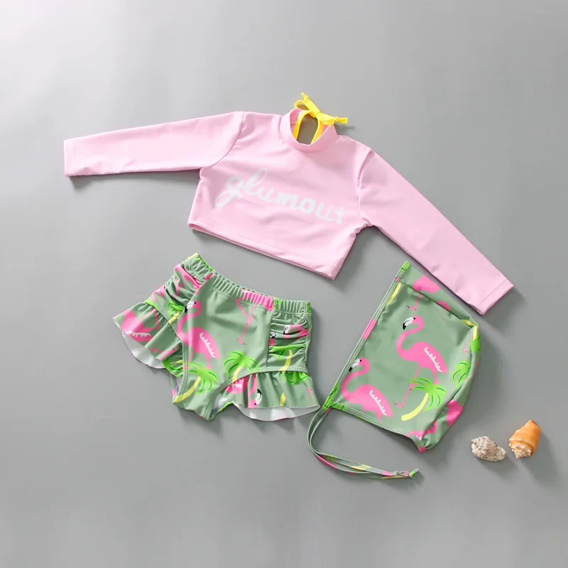 

Korean Children's Swimsuit Long Sleeve Sun Protection Two-Piece High Waist Pants Cover Belly Little Girls Cute Baby Swimwear