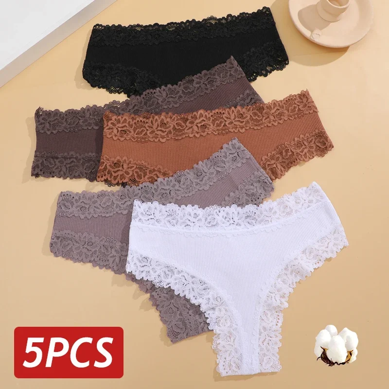 

5PCS/Set Women Lace Seamless Cotton Panties Sexy Brazilian Pants Ribbed Breathable Girls Underwear Soft Plus Size Lingerie S-XL