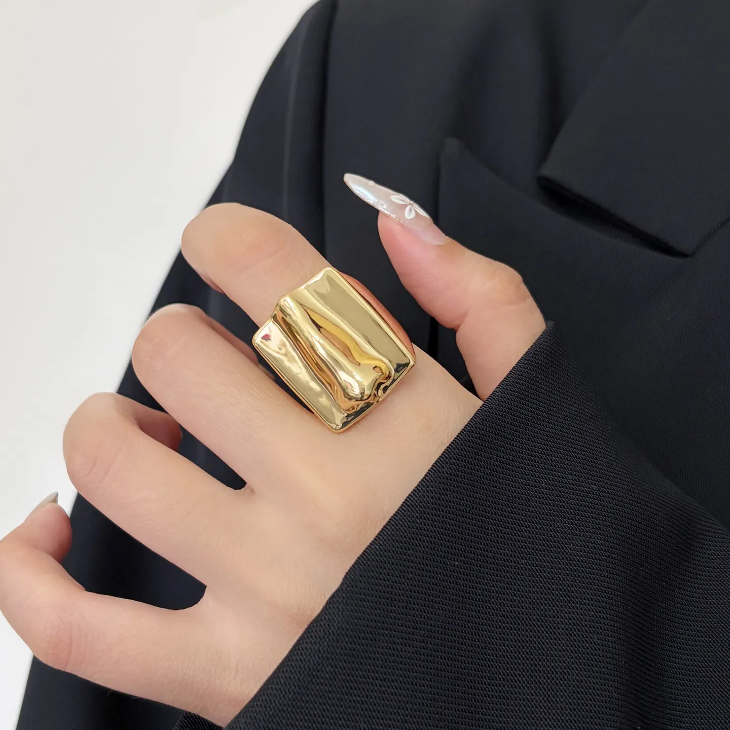 Abstract Silver Gold Square Open Ring Texture Wide Band Ring Minimalist Designer Style Trendy Party Accessories