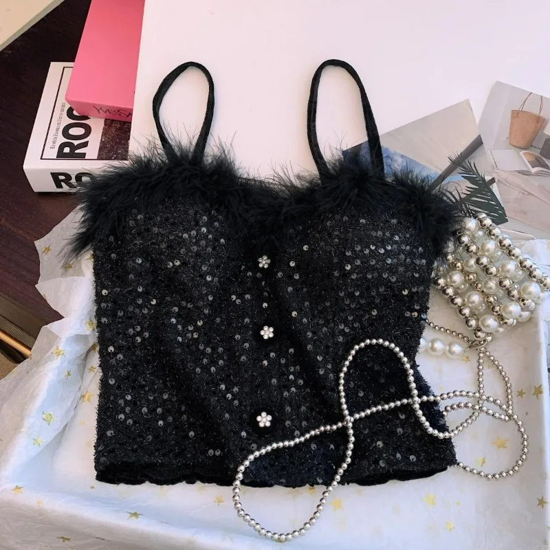 Sexy Sequined Plush Vest for Women's 2024 Autumn New Inner Wear Slim Fit Beauty Back Strap Chest Pad Integrated Camis