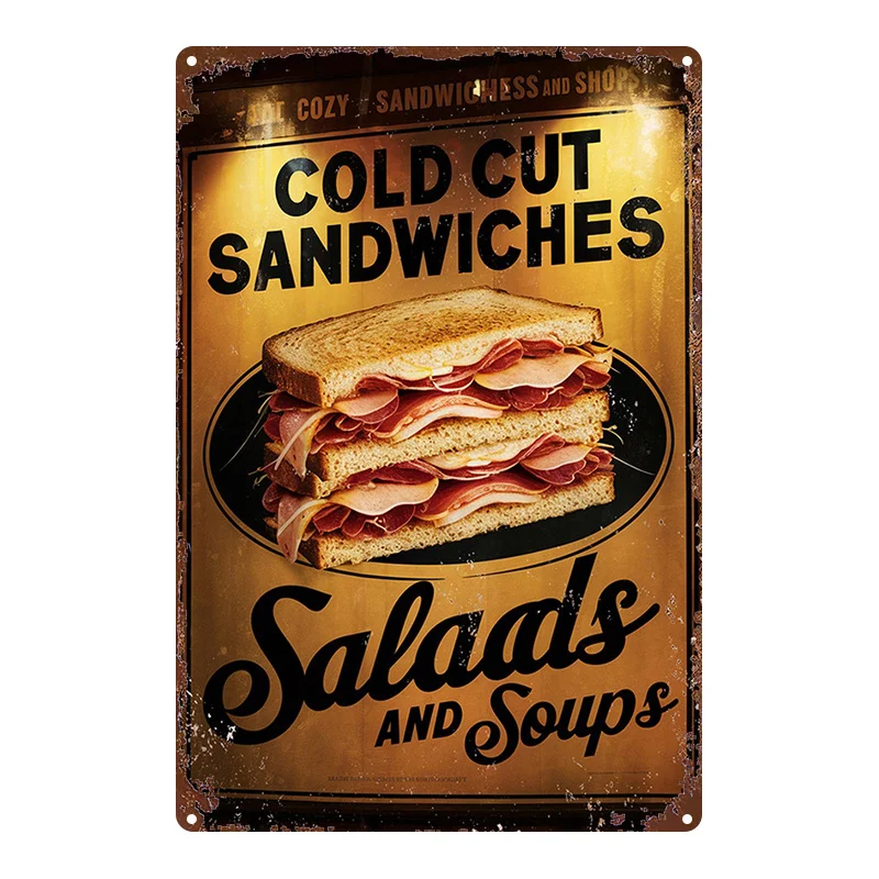 2D Flat, 2D Flat, This Is a Vintage-Style Metal Sign Featuring a Cold Cut Sandwich, Salad, And Soup, Perfect for Decorating Home