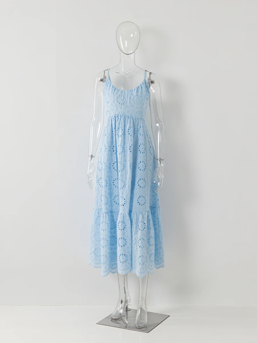 2025年ホリデー ホロウアウト フラワー刺繍ドレス レディース サマー ノースリーブ スリング ウエストスリム プリーツ ロングドレス ボヘミアンビーチドレス