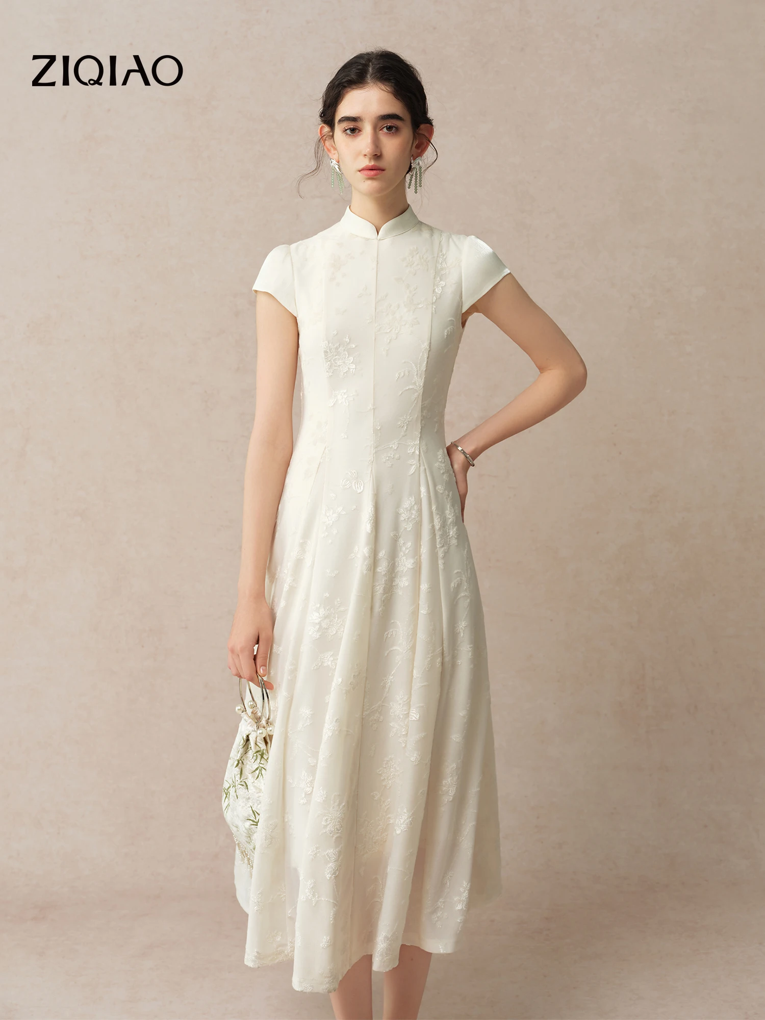 

ZIQIAO 2026 Summer Women's Jacquard Embossed Cheongsam Dress White Modified Qipao Midi Dress Modern Elegant Soft Aesthetic Style
