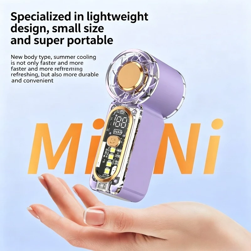 Pocket Handheld Mini Fan USB Rechargeable 100-Speed Turbo LED Display Night Light Cooling Fan for Outdoor Travel Women Camping