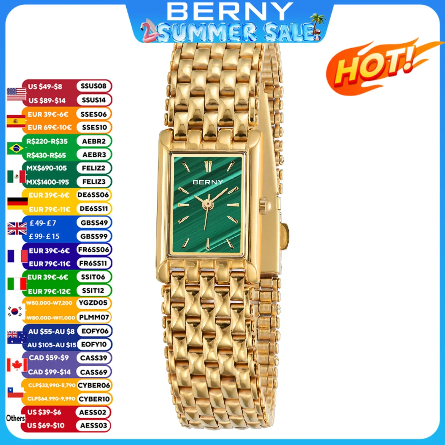 

BERNY Golden Women Wristwatch Luxury Women Watch Square Golden Female Clock Quartz Stainless Steel Fashion Ladies Gold Watch