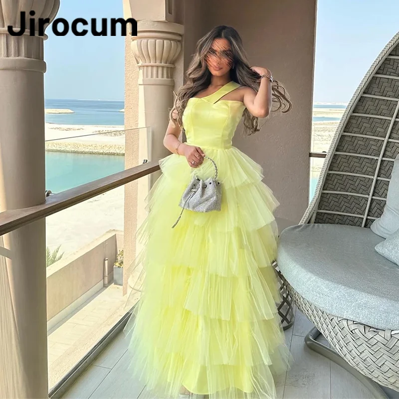 

Jirocum A-Line Prom Gowns Women's One Shoulder Tulle Party Evening Gown Floor Length Sleeveless Tiered Formal Occasion Dress