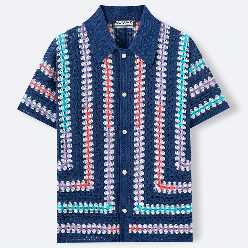 Fashion Men's Summer Retro Crochet Knit Shirt Casual Hollow Short Sleeved Knitted Polo Shirt Cardigan Tops Men T-shirt SY0074