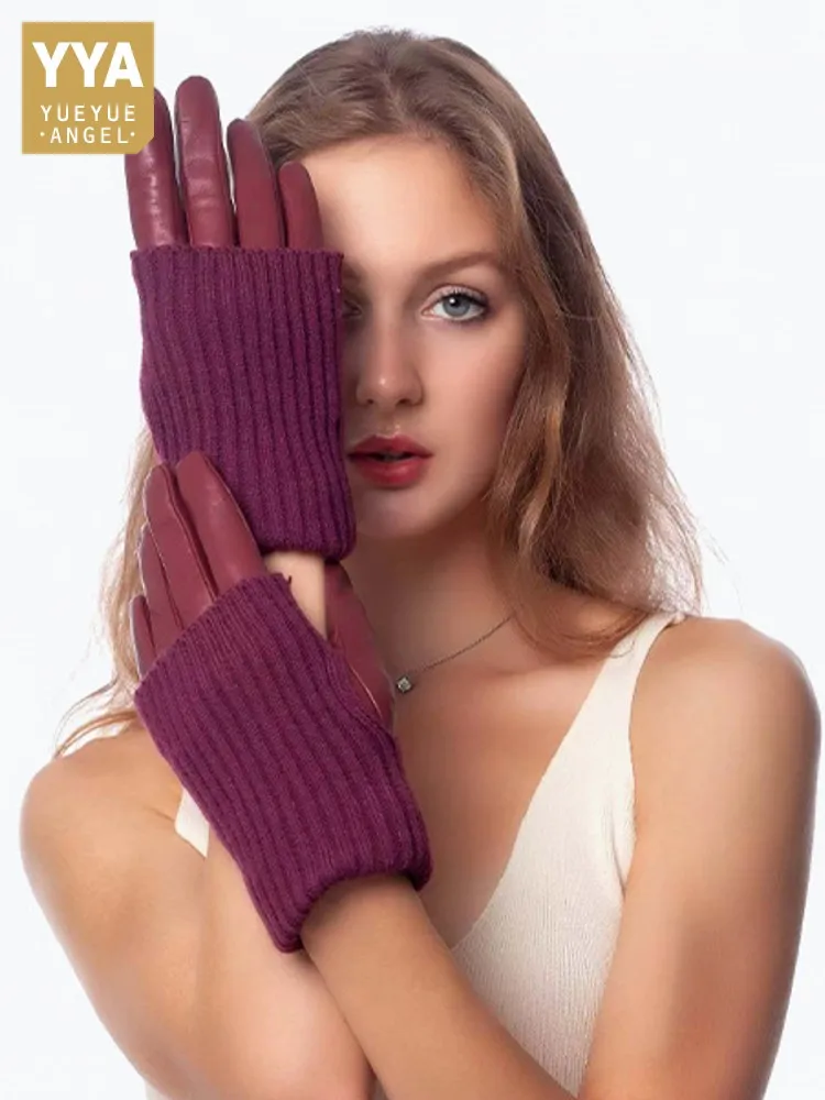 Winter Women Designer Real Goatskin Spliced Knitted Warm Fleece Lining Gloves Outside Motorcycle Riding Gloves Windproof Mittens