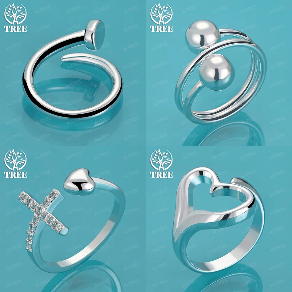

925 Sterling Silver Heart Nail Round Beads Fine Zircon Cross Open Ring Women Party Engagement Wedding Jewelry Accessories Gift