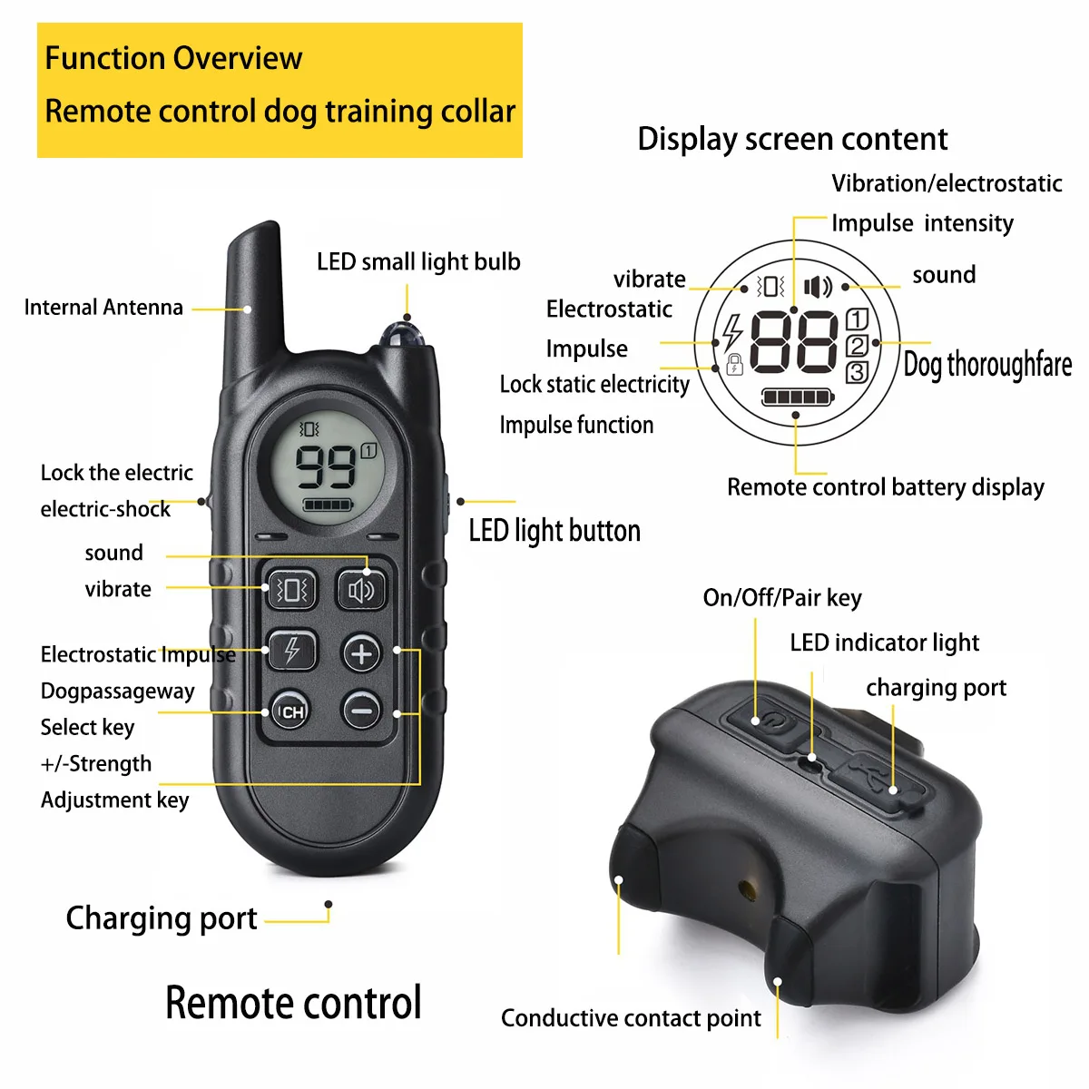 

Dog Training Collar with Remote, IPX7 Waterproof Dog Collar with 3 Training Modes, Rechargeable E-Collar for All Breeds Dog