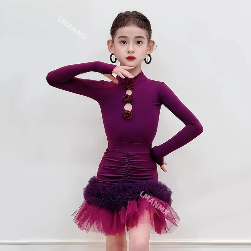 2025 Autumn/Winter New Latin Dance Dress Children's Long Sleeve Mesh Practice Dress Girls' Dance Performance Dress