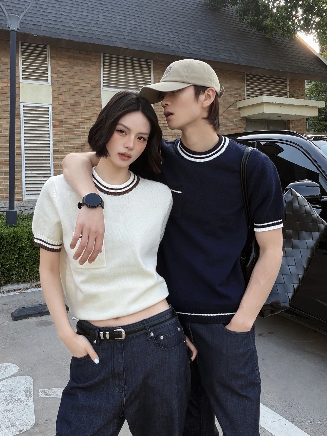 American Retro Blue White Color Block Soft Knitted round Neck Short Sleeve Unisex Summer Casual Wide Commute Top Couple