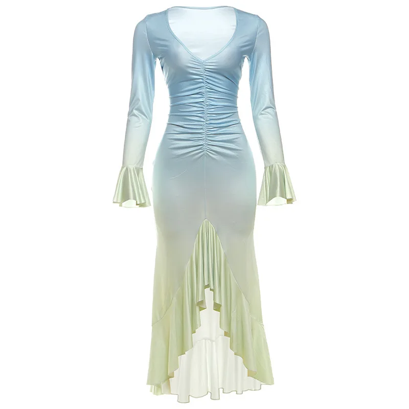 エレガントなグラデーションVネックフレアスリーブ重ねフリルボディコンワンピース レディース 2025年秋 ホリデー イブニング セクシー パーティードレス