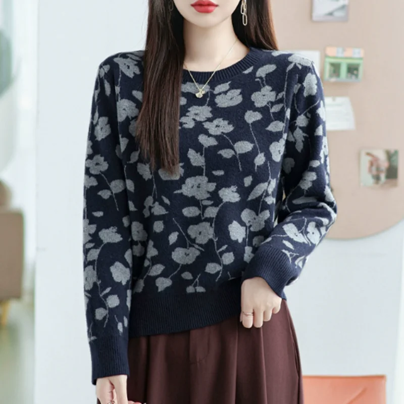 

Свитера и свитера женские с круглым вырезом и длинными рукавами, сохраняющий тепло, пуловер, осень-зима 2022, новый модный свитер с цветочным узором и принтом