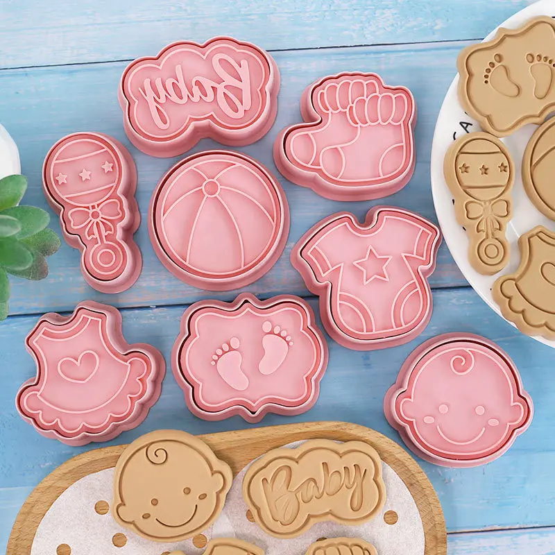 8Pcs/Set DIY Baby Theme Cartoon Cookie Embosser Cutters 3D Baby Shower Rattles Ball Clothes Feet Skirt Socks Biscuit Mould Tools