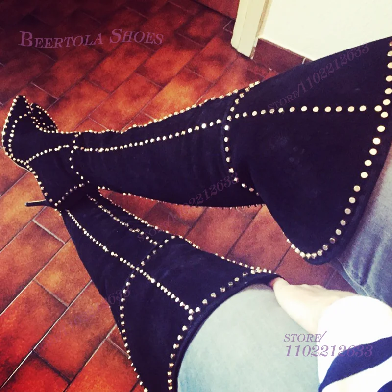 

Black Suede Studded Thigh-High Boots Wide-Leg Grey Pointed-Toe Heels Women Stiletto Red Corduroy Booties Dark Blue Winter Shoes