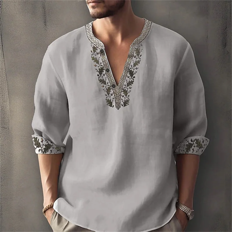 2026 Summer New Men's Fashion Printed Shirt, Henley Collar, Long Sleeve, Ethnic Style, Loose Fit, Breathable, Casual Men's Top