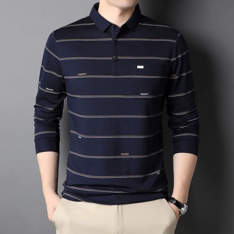 Autumn Winter New Polo Shirt Cotton Business Casual Men's Clothing Long Sleeve Pullovers Pockets Turn-down Collar Stripe Tops