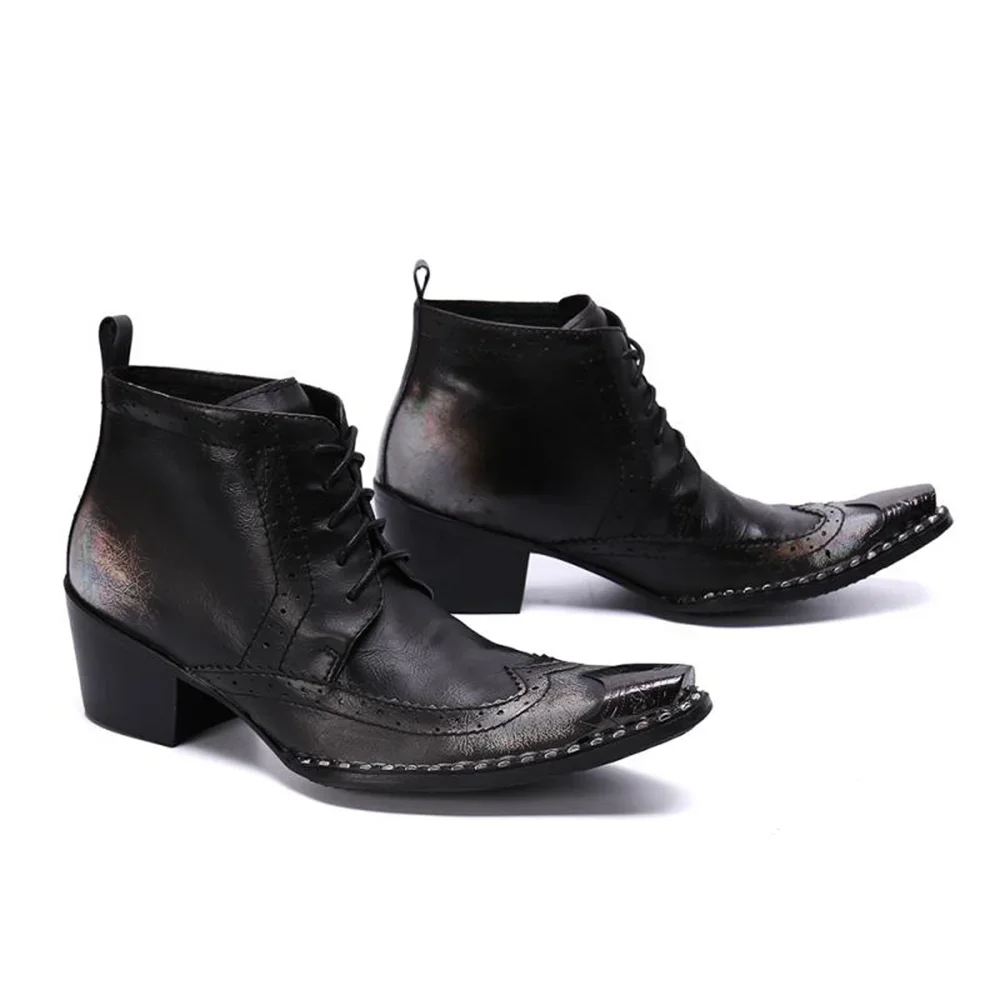 Black Lace Up With Metal Genuine Leather High Heels Pointed Toe Boots Male Plus Size Fashion Party Business For Men Dress Shoes