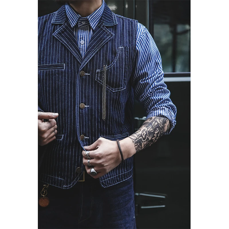 Striped Denim Vest Suit Men Autumn Winter New Vintage Amekaji Motorcycle Multi-pocket Lapel Waistcoat Outdoor Retro Hunting Vest