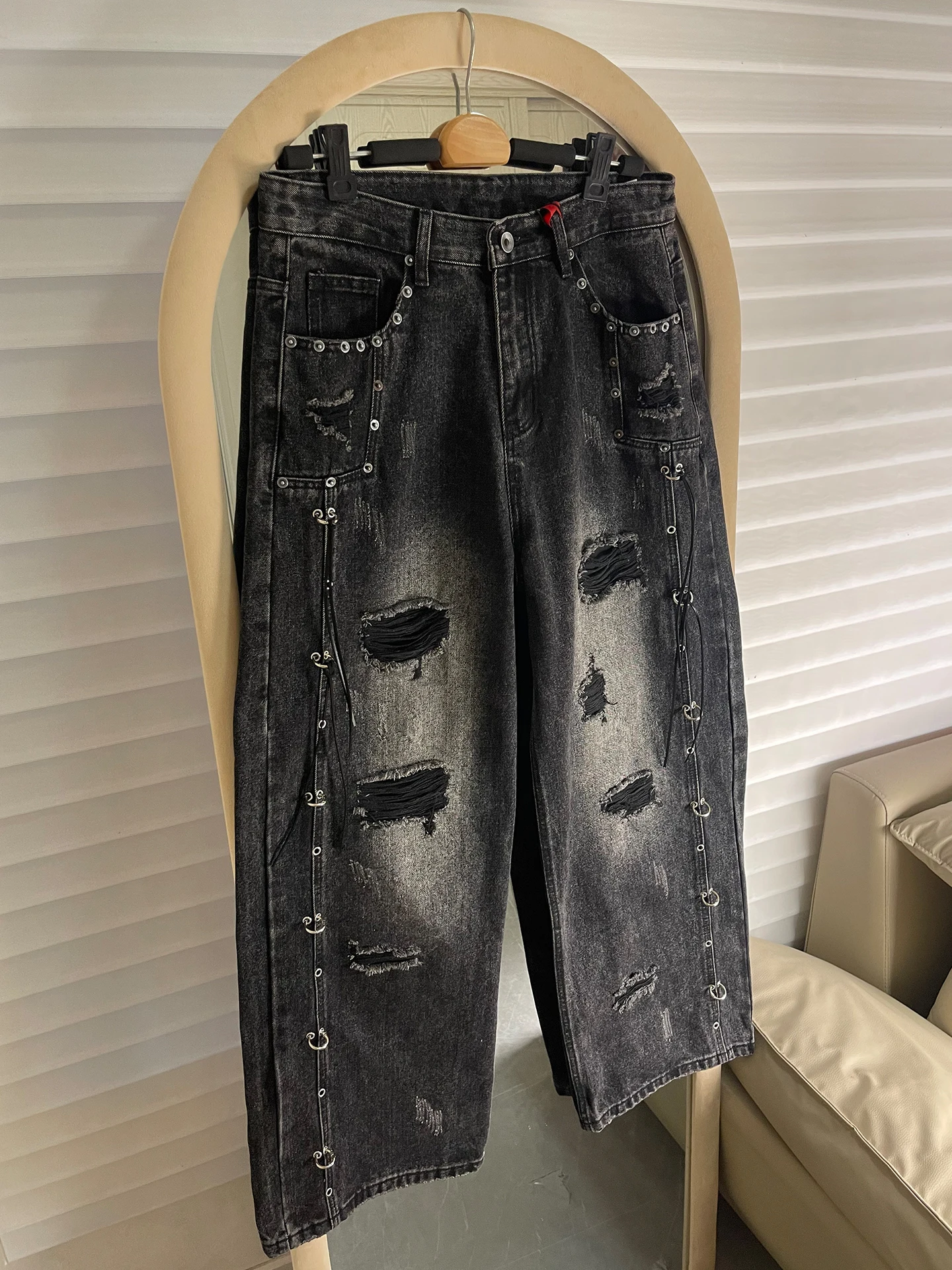 

Мужские джинсы Parisian Sle Heavy Du Waed в винтажном стиле с заклепками и прорезями, американские, в стиле High Street, свободного прямого кроя, с широкими штанинами