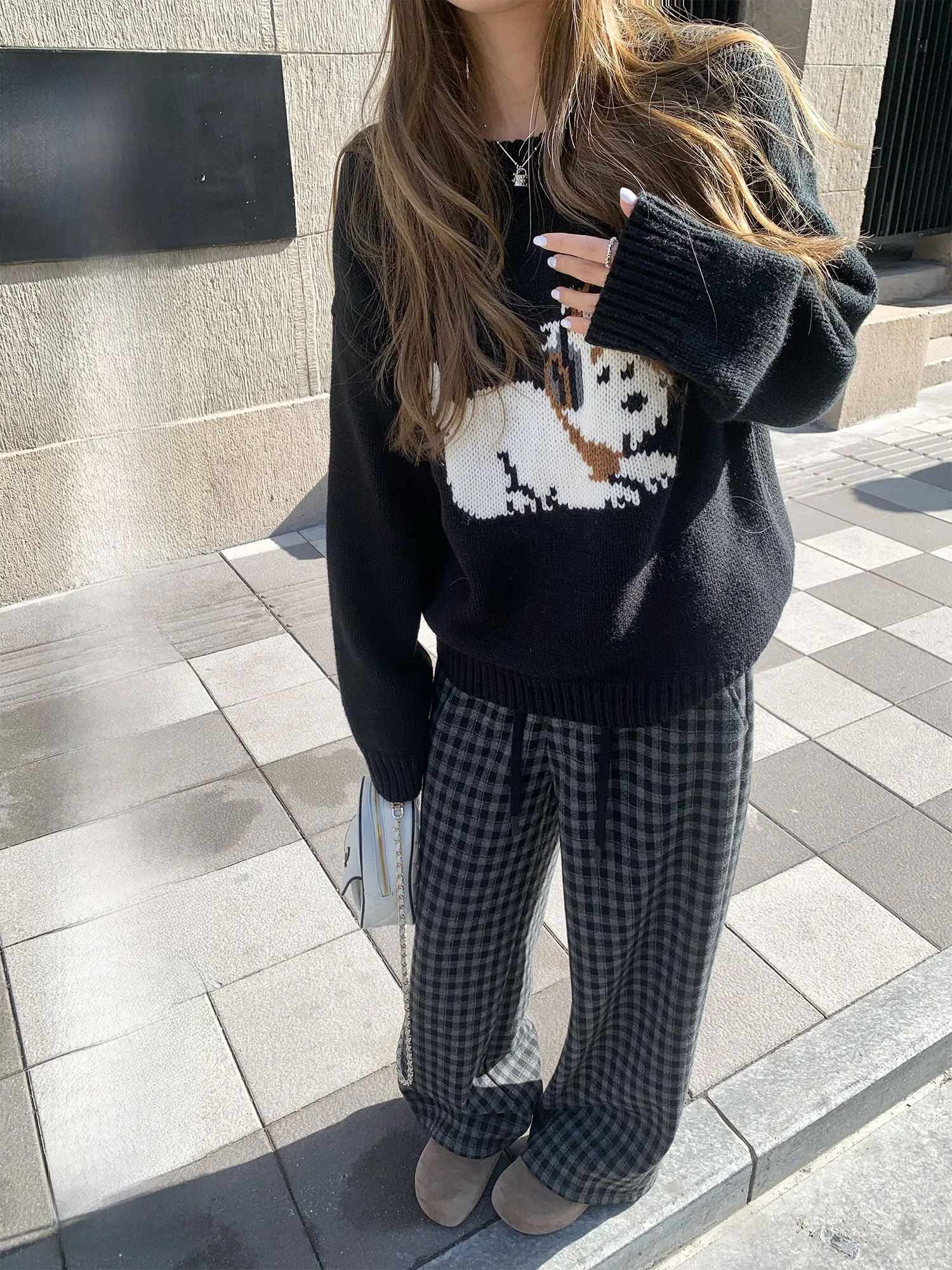 

Yuzuqi Music Little Dog Bla Knitted Sweater Women's Autumn Winter Loose Long Sve Woolen Pullover Top