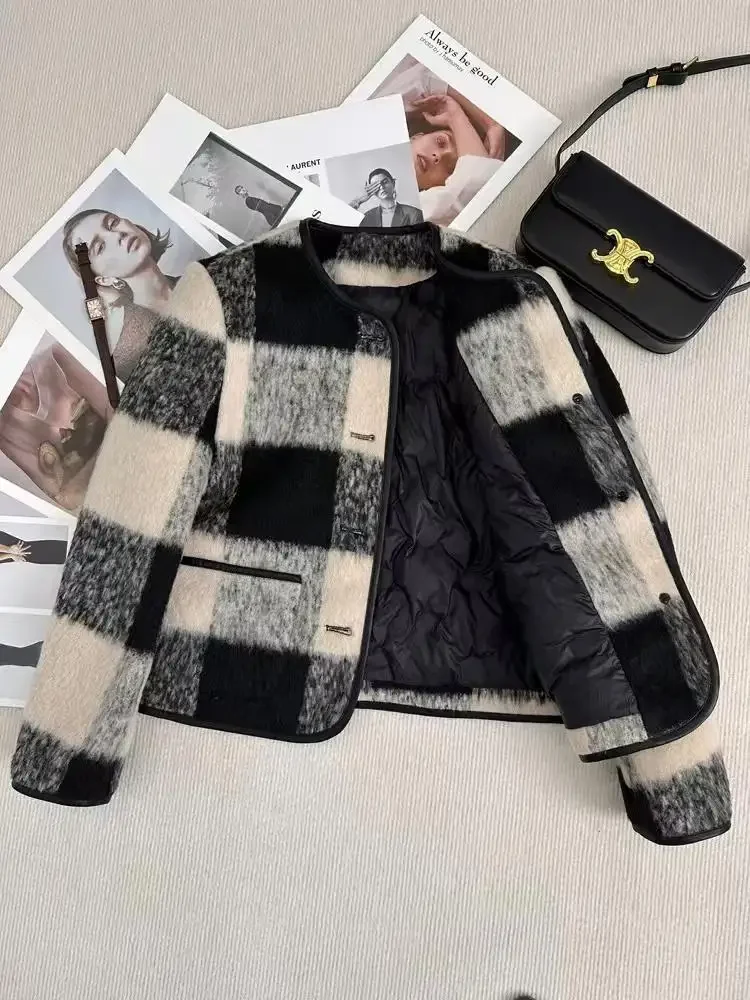 Dicker, kleiner, duftender Stil, Jacke für Damen, neuer kariertes Woll-Kurzmantel, Herbst-Winter, Damenjacke mit einreihiger Knopfleiste, junger Hals, Jacken – Detail 6